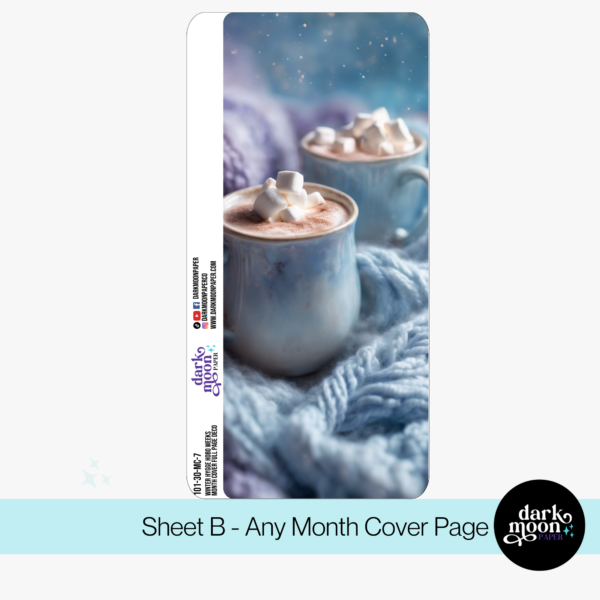 Winter themed monthly cover pages for the Hobonichi Weeks planner, featuring a mug of hot cocoa