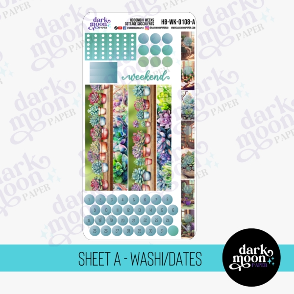 Hobonichi Weeks stickers for weekly layout, Cottage Succulents design, washi and date covers