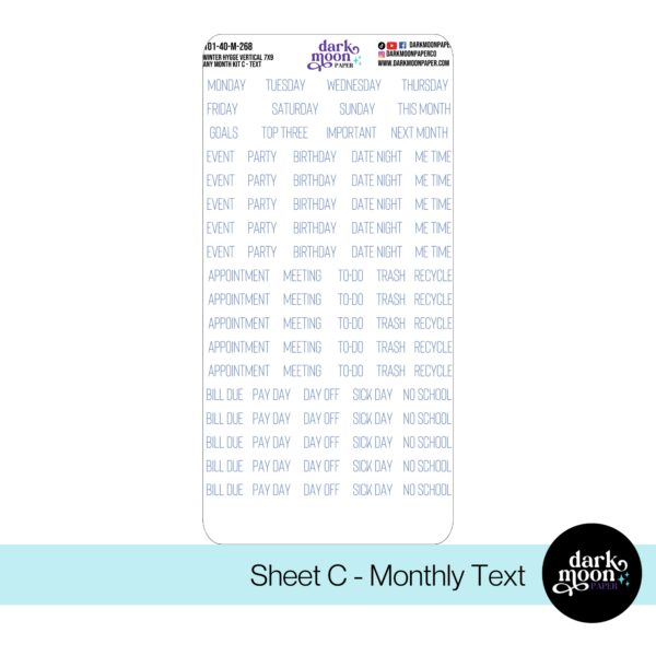 Text and header stickers from A light blue winter themed monthly sticker set for Vertical Planners