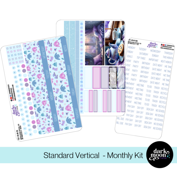 A light blue winter themed monthly sticker set for Vertical Planners