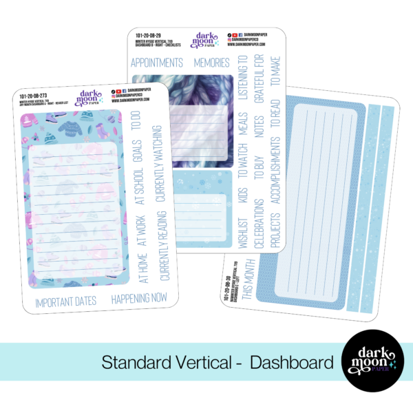 Planner stickers to make a winter themed monthly dashboard in a light blue winter theme