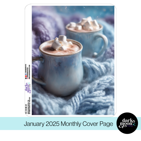 Winter themed monthly cover pages for hobonichi cousin planners, featuring a blue mug of hot cocoa with marshmallows on a blue knitted background.