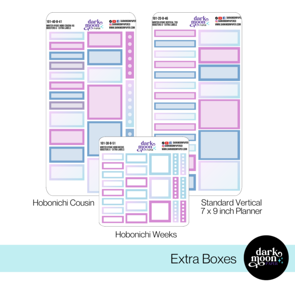 Winter Hygge themed label box planner stickers for hobonichi weeks, hobonichi cousin, and standard vertical planners