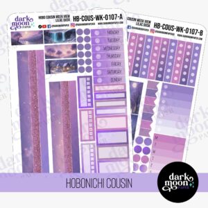 hobonichi cousin planner stickers, Lilac Dusk sticker kit date cover and sticky note view