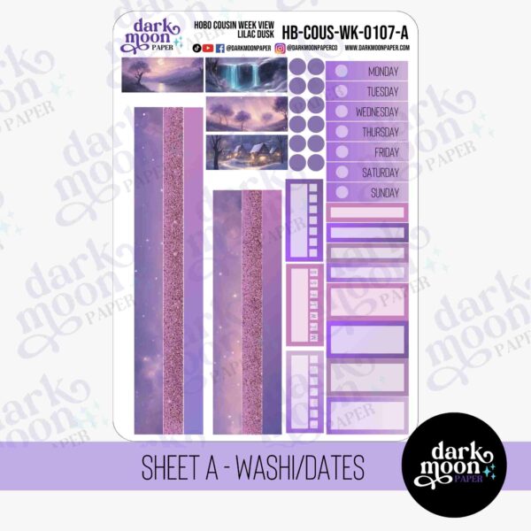 hobonichi cousin planner stickers, Lilac Dusk sticker kit date cover and washi stickers