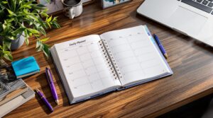 An open day planner showing a blank calendar