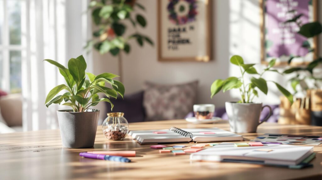 An open planner on an inviting desk, with pens and post it notes nearby