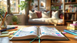 an open planner filled with stickers, on a table