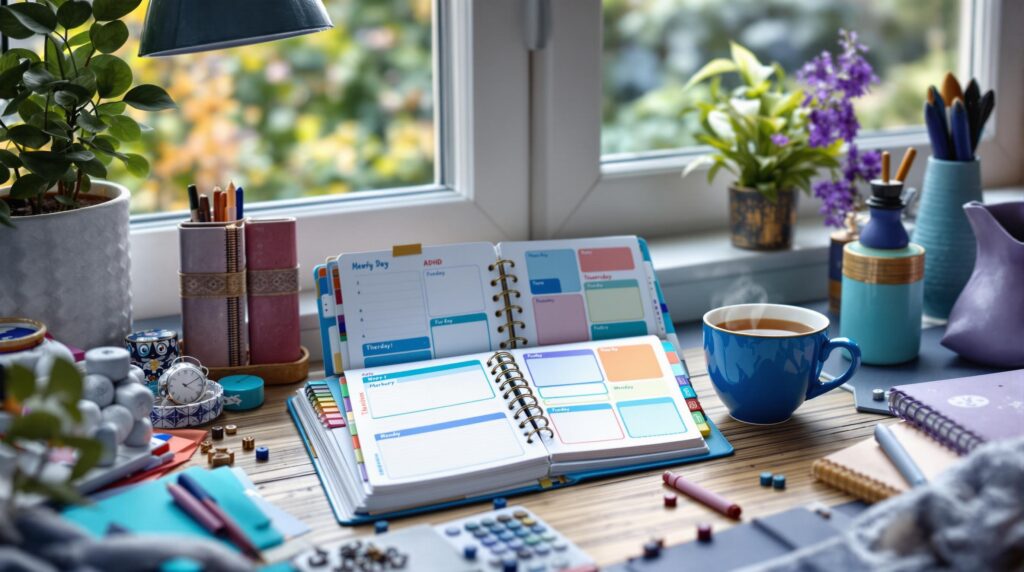 open planner notebooks on a colorful and inviting desk