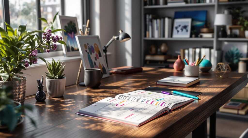 A color coded open notebook on a desk.