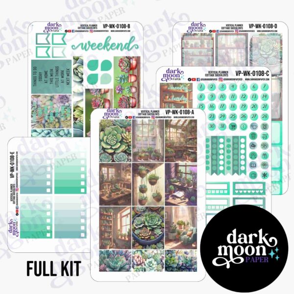 Cottage Succulents vertical planner stickers for vertical layout weekly planners, full kit view