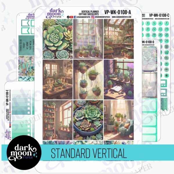 Cottage Succulents vertical planner stickers for vertical layout weekly planners, 5 page view