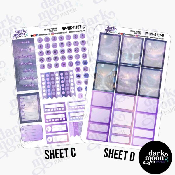 Lilac Dusk sticker kit for weekly planner vertical layout, date cover and sticky note view