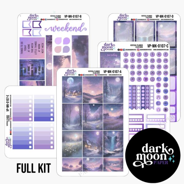 Lilac Dusk sticker kit for weekly planner vertical layout, 5 page view