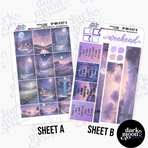 Lilac Dusk sticker kit for weekly planner vertical layout, washi and full box view