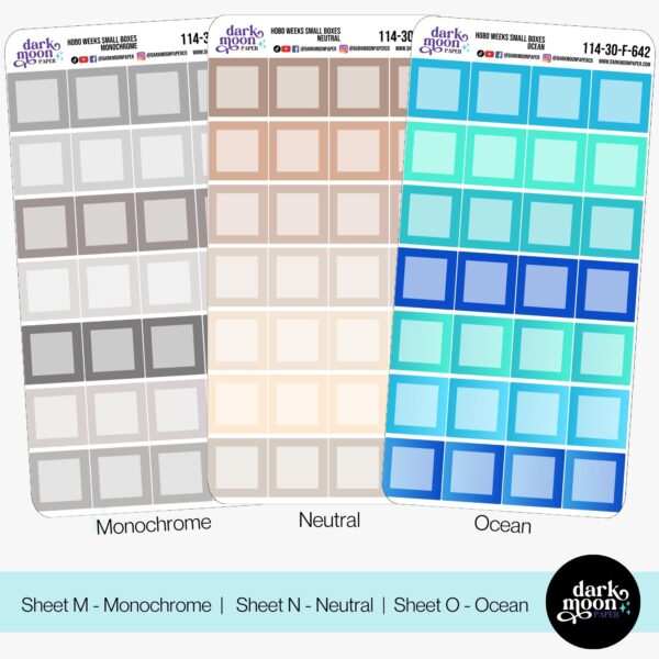 hobonichi weeks small box functional stickers in monochromatic neutral and ocean blue colors