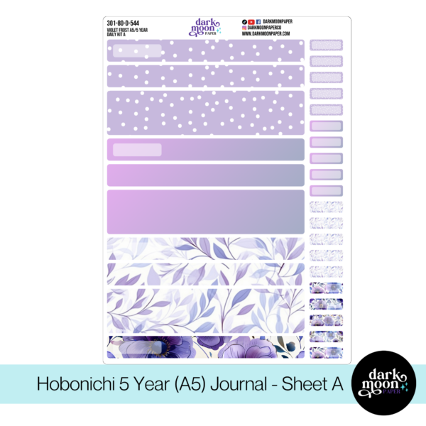 Violet Frost themed stickers for a Hobonichi 5 Year journal in A5 size