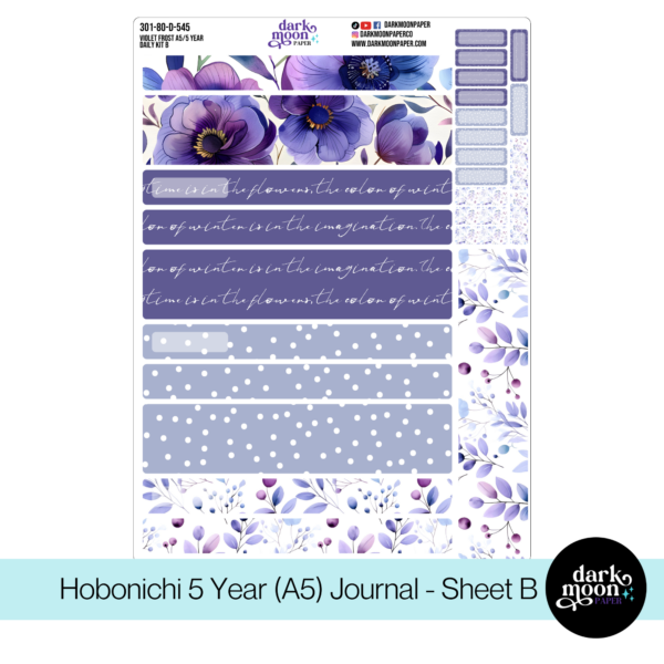 Violet Frost themed stickers for a Hobonichi 5 Year journal in A5 size