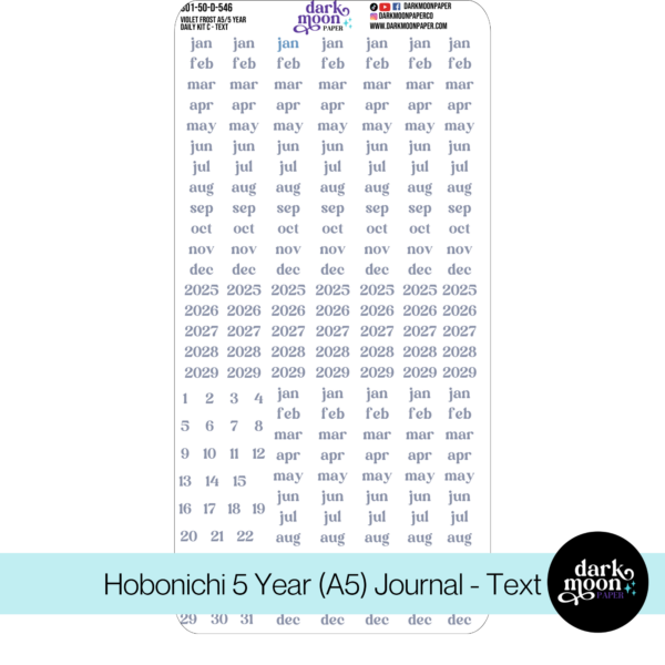 Violet Frost themed stickers for a Hobonichi 5 Year journal in A5 size, text page