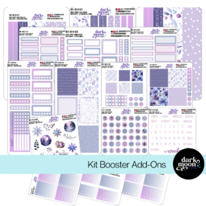 custom planner sticker kit boosters in violet frost design with headers, washi, boxes, text, icons, trackers