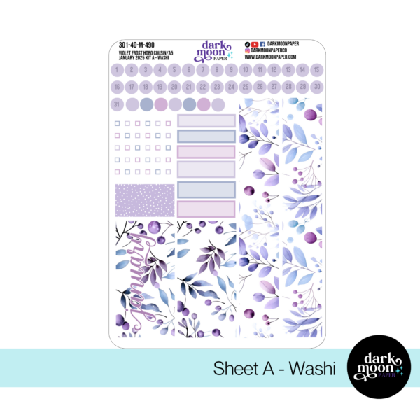 hobonichi cousin monthly kit january purple floral, washi