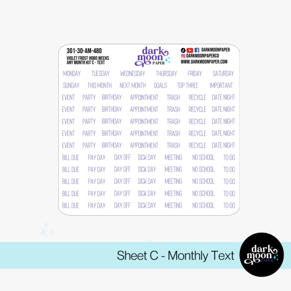 hobonichi weeks monthly kit stickers, purple floral violet frost, text