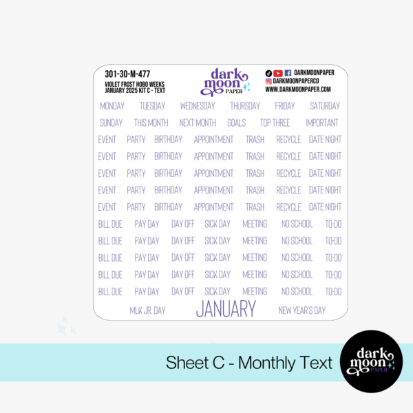 Hobonichi Weeks monthly sticker kits for Hobonichi Weeks, Hobo Weeks Mega, or similarly sized 3.5 x 7 planners, text