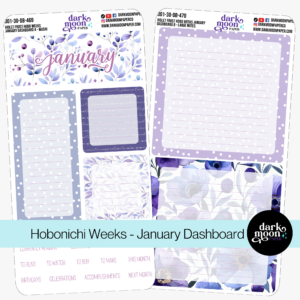 Purple floral themed January dashboard stickers for Hobonichi Weeks planners