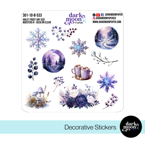 custom planner sticker kit boosters in violet frost design with matching purple decorative stickers