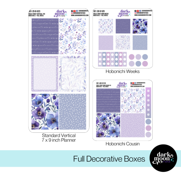 custom planner sticker kit boosters in violet frost design with matching purple decorative full boxes