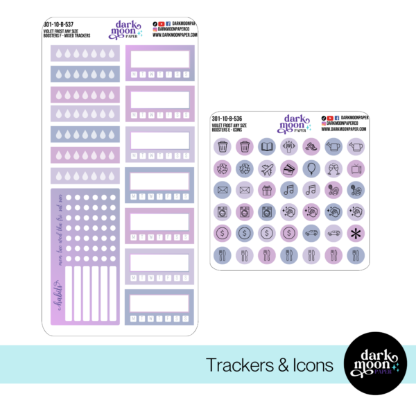 custom planner sticker kit boosters in violet frost design with matching trackers and icons