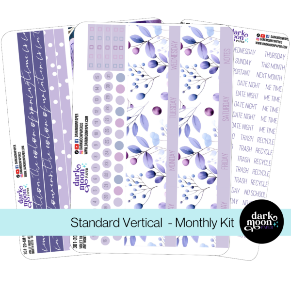 Monthly custom calendar stickers for standard vertical 7x9 planners in violet frost theme