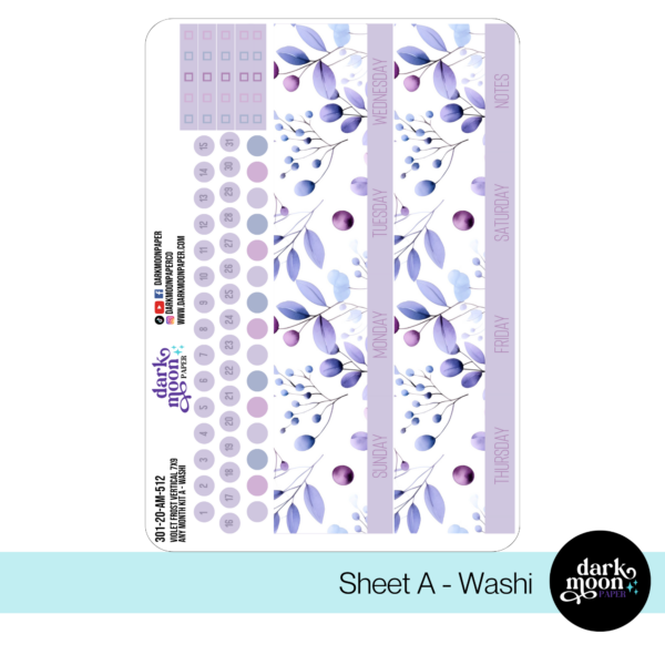 Monthly custom calendar stickers for standard vertical 7x9 planners in violet frost theme, washi headers