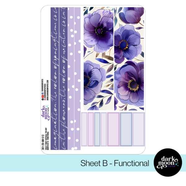 Monthly custom calendar stickers for standard vertical 7x9 planners in violet frost theme, washi