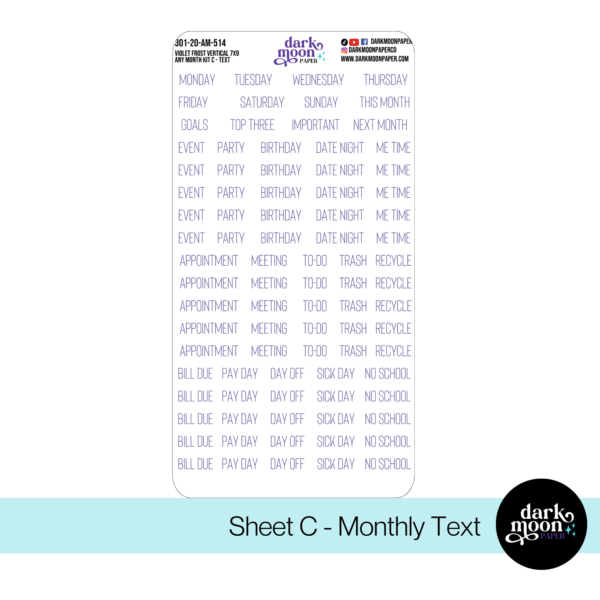 Monthly custom calendar stickers for standard vertical 7x9 planners in violet frost theme, monthly text