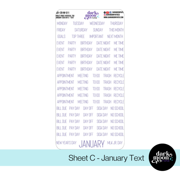 January monthly kit of stickers for standard vertical planners, text