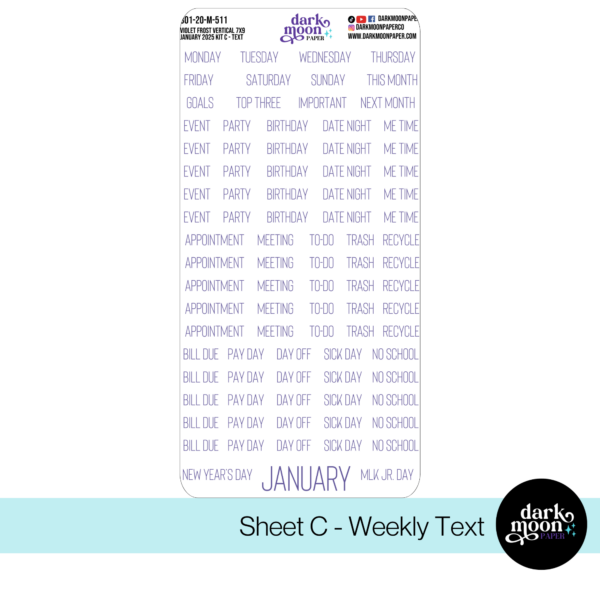 weekly planner kit coordinating stickers for 7x9 inch standard vertical planners, text