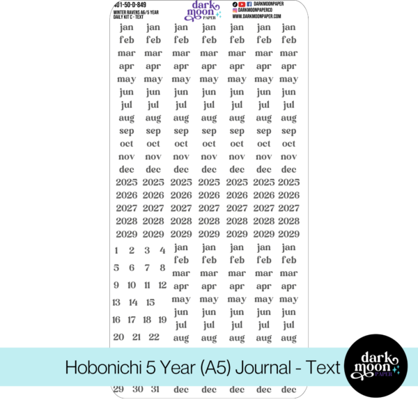 hobonichi 5 year a5 journal stickers, winter ravens crow theme, text