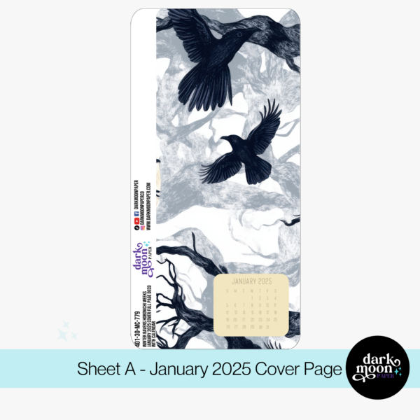 planner cover page stickers, winter ravens design for hobonichi weeks