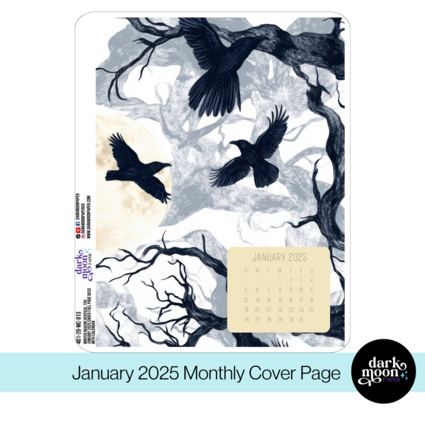 Winter Ravens january cover page for monthly planner pages featuring crows