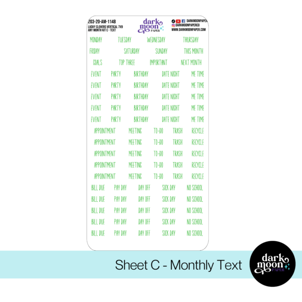 Standard Vertical Planner Any Month Monthly Kit - Lucky Clovers - 203-20-AM - Image 4